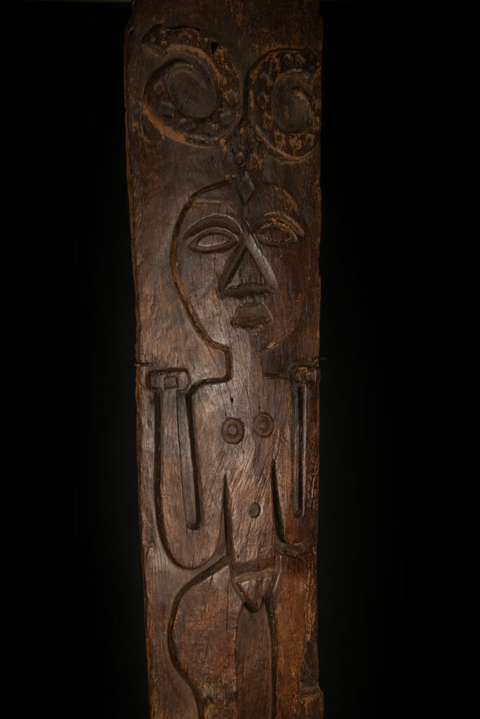 Very beautiful and massive ancestral panel from the Paiwan tribe, dating from the 19th century, carved with a nude female ancestor wearing a headdress formed by two intertwined snakes facing away from each other. A truly remarkable piece.